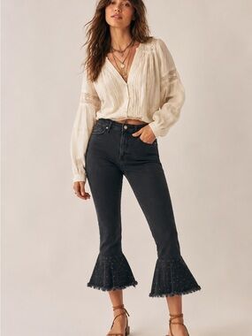 Pilcro and the Letterpress Studded Ruffle Hem Cropped Flare Jeans Boho Chic
